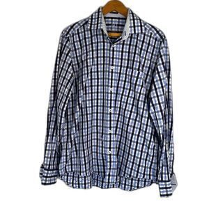 Bugatchi Blue & White Plaid Classic Fit 100% Cotton Button Front Shirt Size LG